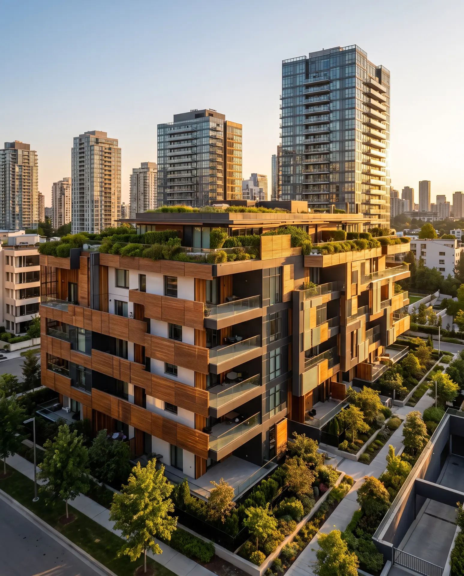 Vista aérea de condomínio residencial moderno com fachada em madeira, terraço verde e skyline urbano ao fundo